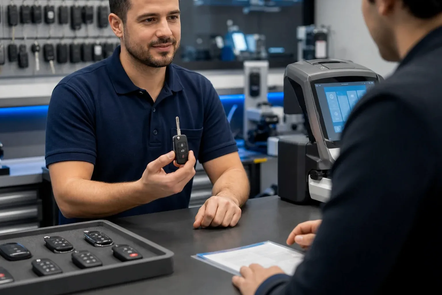 Chaveiro confeccionando uma chave codificada em Sapucaia do Sul com equipamentos modernos.
