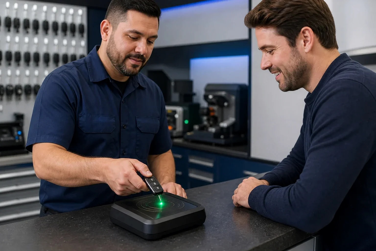 Chaveiro programando um controle remoto em Sapucaia do Sul com equipamentos adequados.